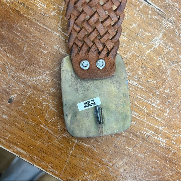 Vintage Leather Woven Brown Belt Wooden Brass Buckle Morocco 34/36 Size Western - Picture 10 of 10